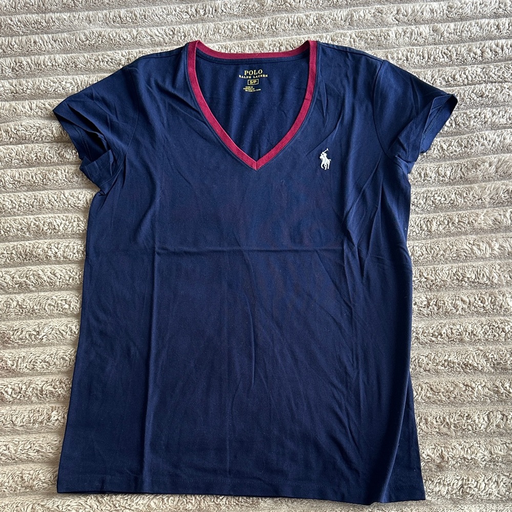 Polo by Ralph Lauren Navy V-Neck Tee with Pink Trim and White Polo Logo